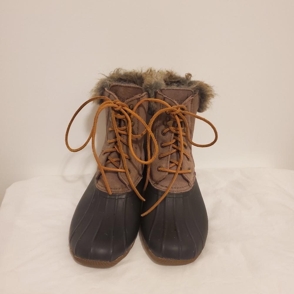 Waterproof Sperry Topsider Womens Brown 8.5 Rubber Faux Fur Snow Rain Boots